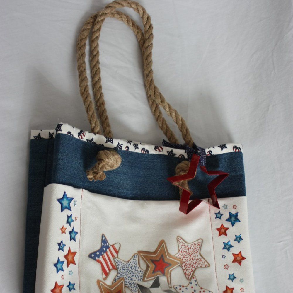 Stars Denim Open Top Tote with Rope Handles Hand Crafted NEW - Picture 6 of 6